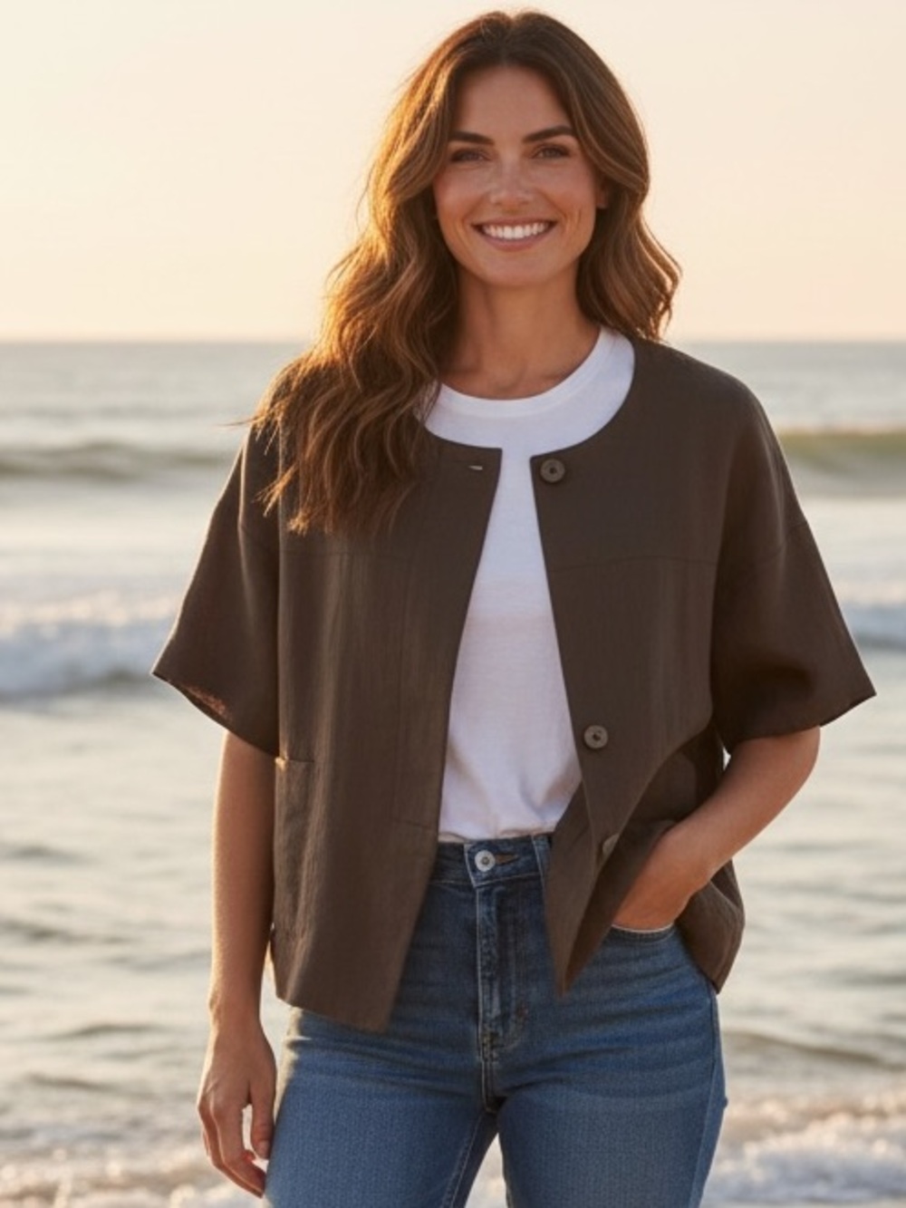 J CREW Blazer Short Sleeve Brown Tailored Linen Maybelle Career $158 Preppy